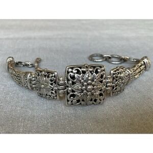 Sarda 925 Sterling Silver Floral Panel Toggle Bracelet Vintage Estate Jewelry